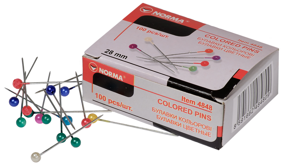 Шпильки канцелярські NORMA (4848N), 28 мм, 100 шт., нікельовані, кольорові